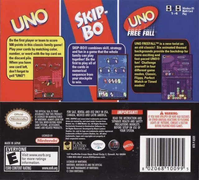 Uno / Skip-Bo / Uno Freefall box back