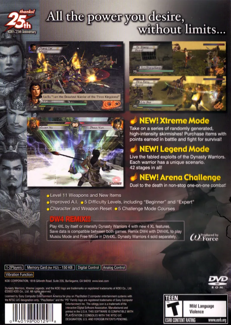 Dynasty Warriors 4: Xtreme Legends box back