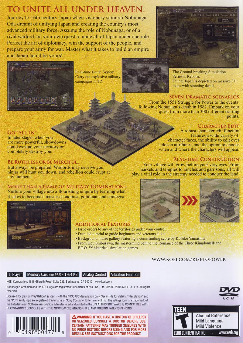 Nobunaga's Ambition: Rise to Power box back