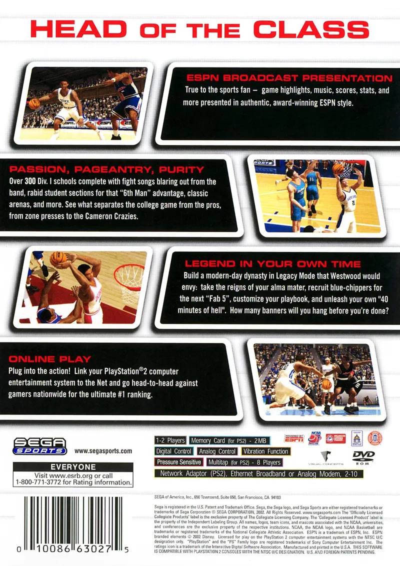 NCAA College Basketball 2K3 box back