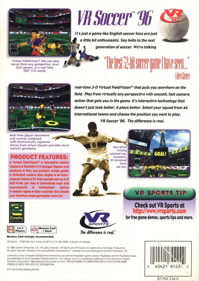 VR Soccer '96 box back