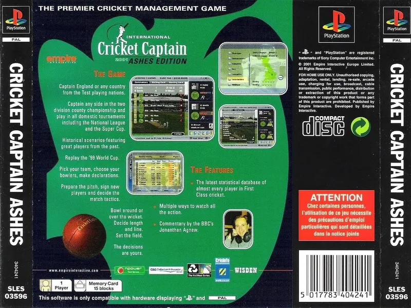 International Cricket Captain 2001: Ashes Edition box back