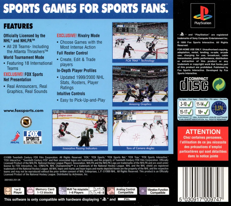 NHL Championship 2000 box back