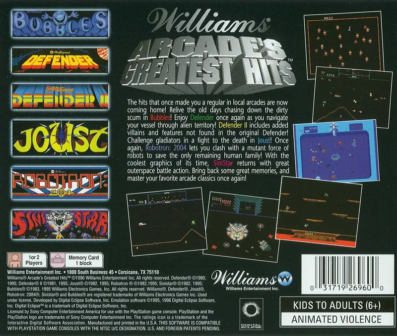 Williams Arcade's Greatest Hits box back