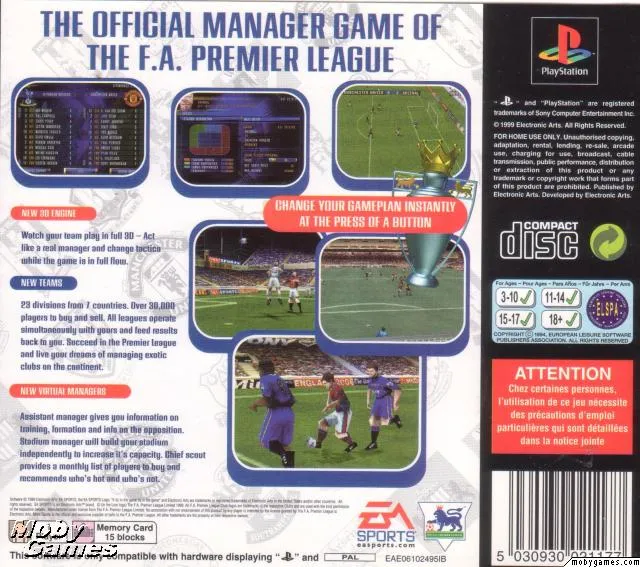 The F.A. Premier League Football Manager 2000 box back