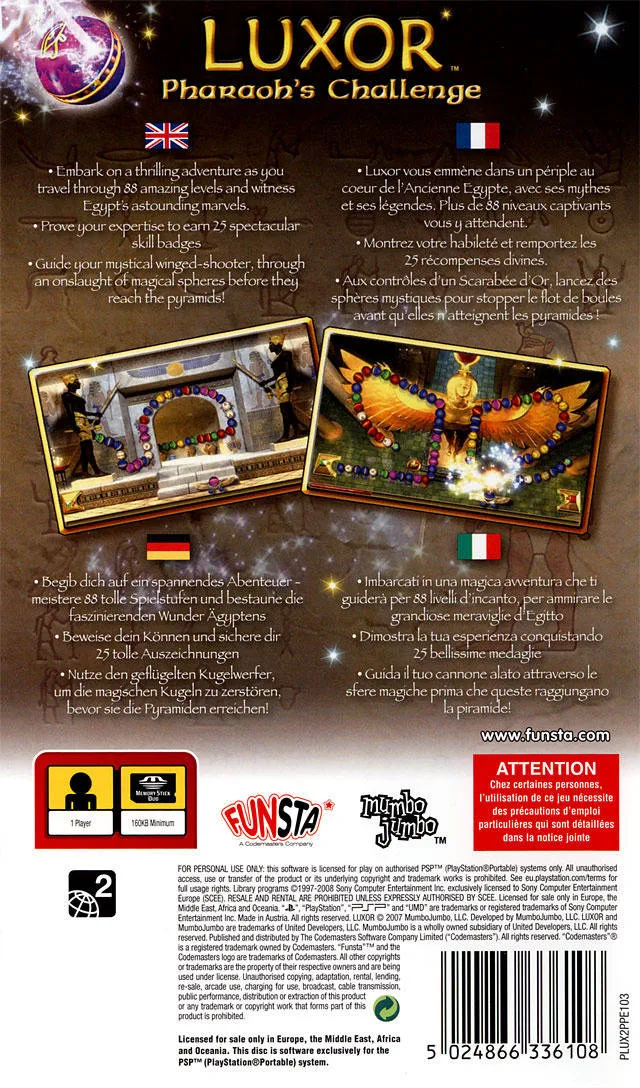 Luxor Pharaoh's Challenge box back