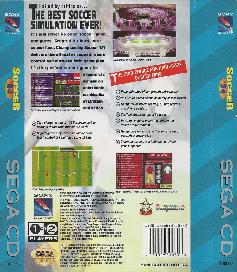 Championship Soccer '94 box back