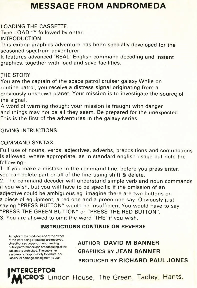 Message from Andromeda box back