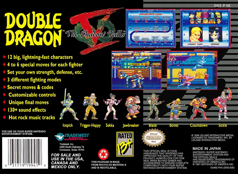 Double Dragon V: The Shadow Falls box back