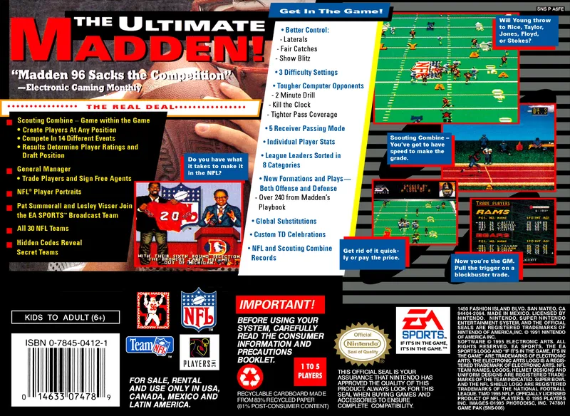Madden NFL '96 box back