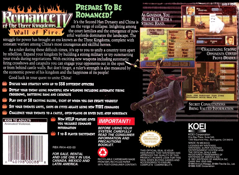 Romance of the Three Kingdoms IV: Wall of Fire box back