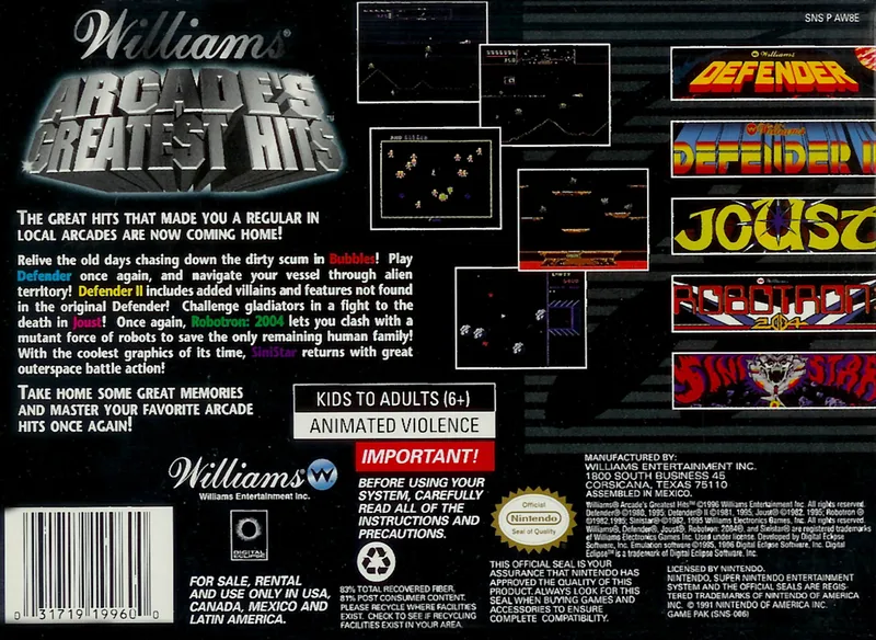 Williams Arcade's Greatest Hits box back