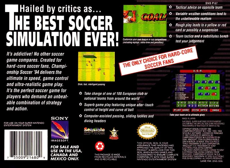 Championship Soccer '94 box back