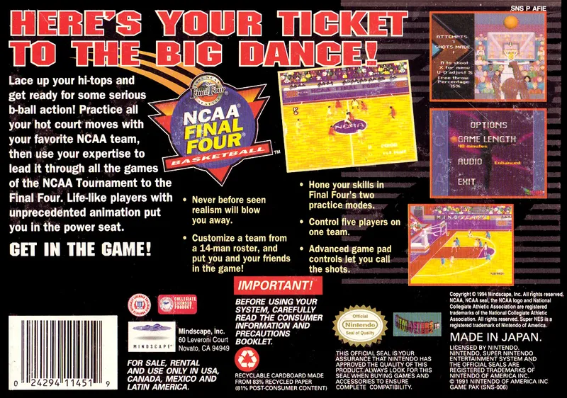 NCAA Final Four Basketball box back