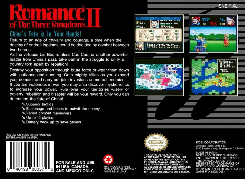 Romance of the Three Kingdoms II box back