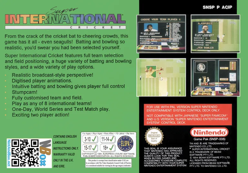 Super International Cricket box back