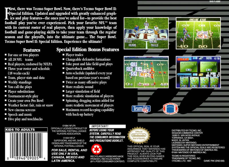 Tecmo Super Bowl II: Special Edition box back