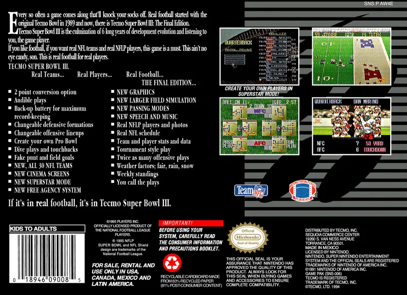 Tecmo Super Bowl III: Final Edition box back