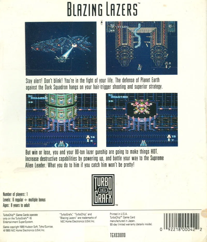 Blazing Lazers box back