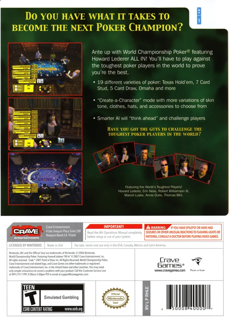World Championship Poker: Featuring Howard Lederer box back