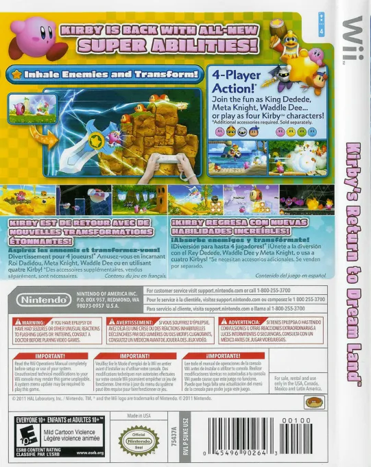 Kirby's Return to Dream Land box back