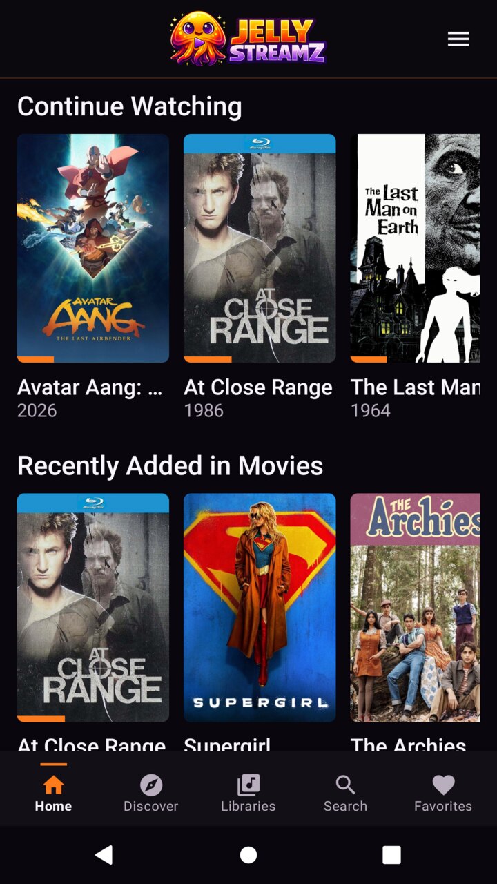 JellyStreamz Android phone home screen showing Continue Watching and recently added movies