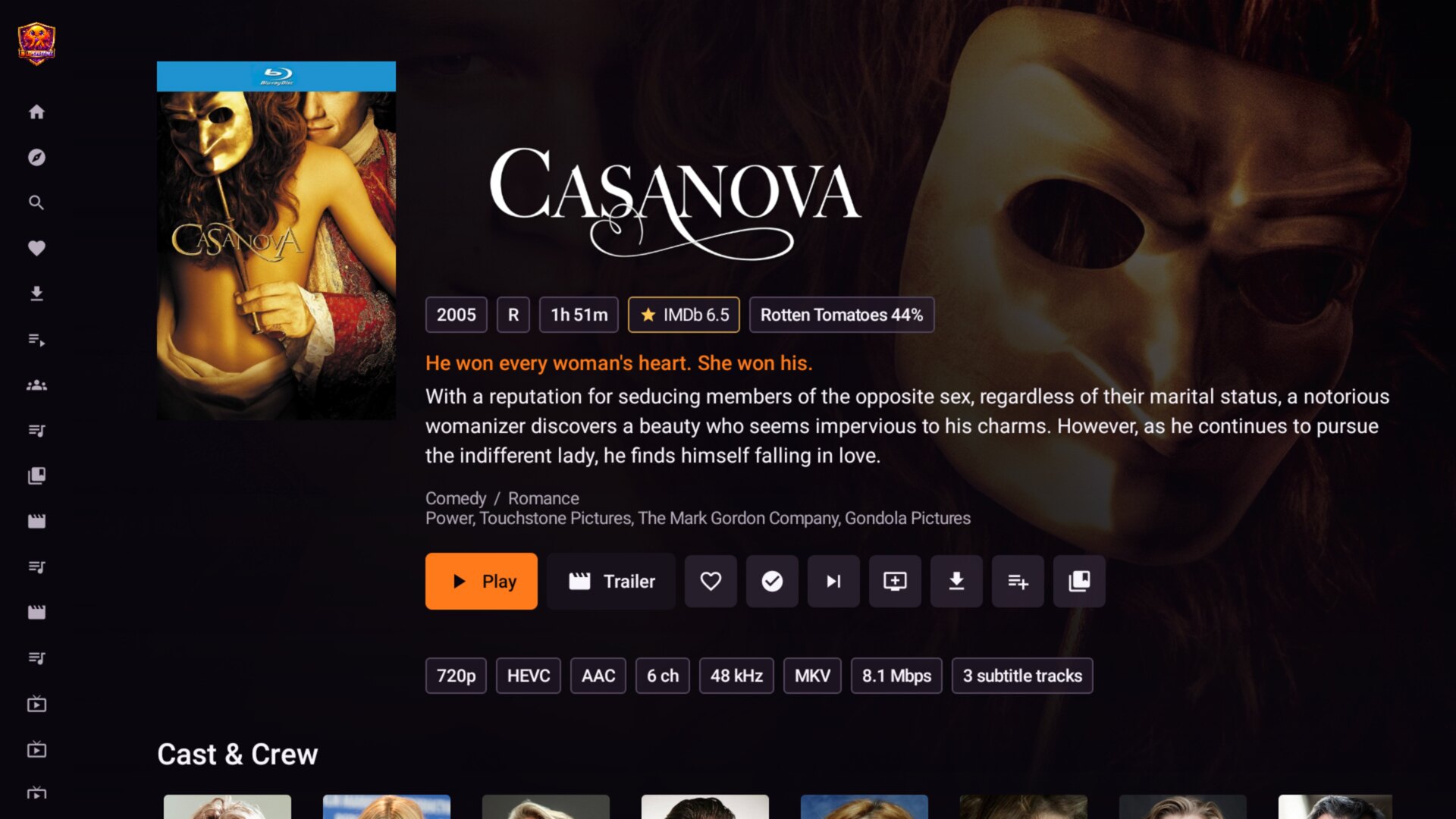JellyStreamz movie detail screen on Android TV with artwork, ratings, playback controls, and cast information