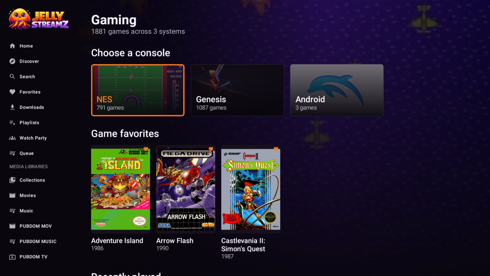 JellyStreamz Android TV game library with console shelves, box artwork, favorites, and recently played games